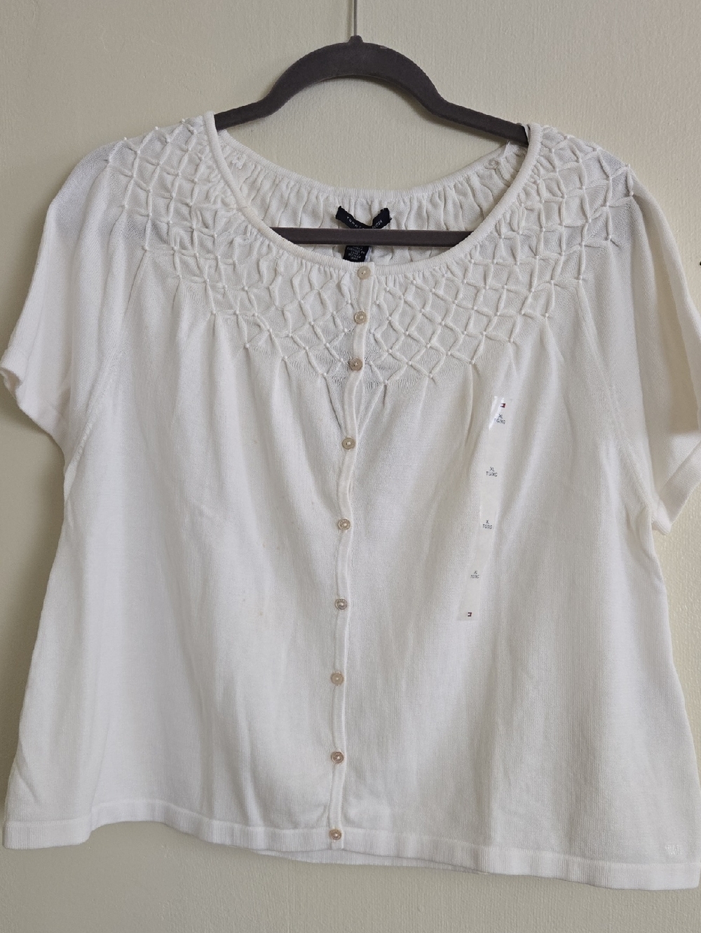 Tommy Hilfiger White Super Knit Sherred Pearls Short Sleeve